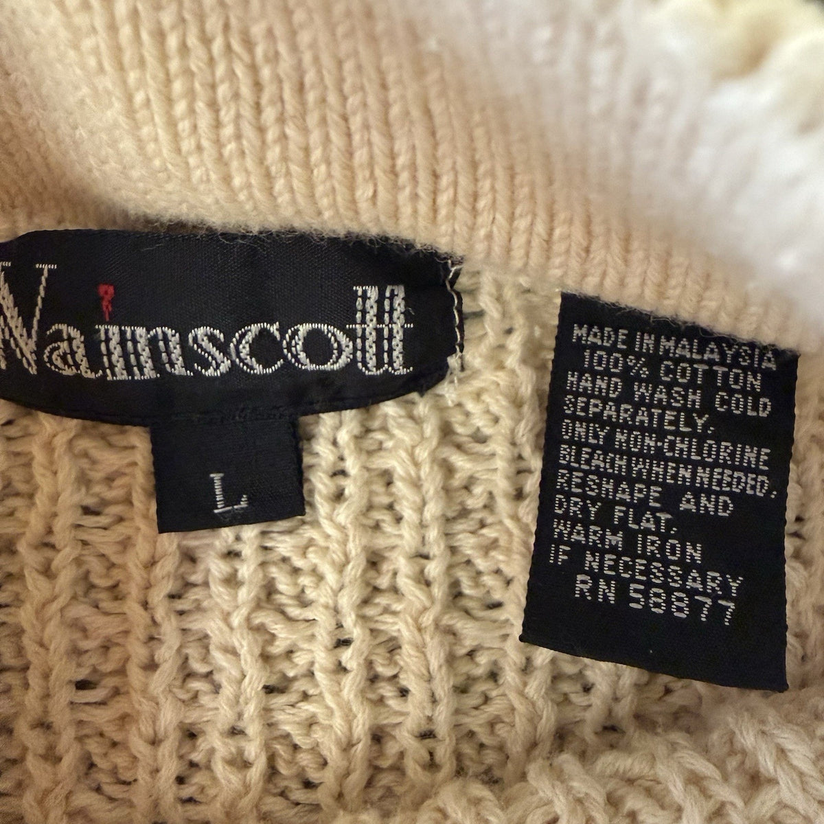 Wainscott Sweater Womens L Cream 100% Cotton Basketweave Mock Neck Pullover