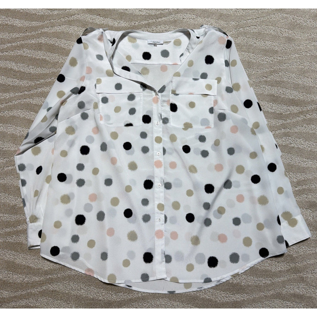 Calvin Klein White Multi Polka Dot LS Blouse Split V-Neck Plus Size 1X
