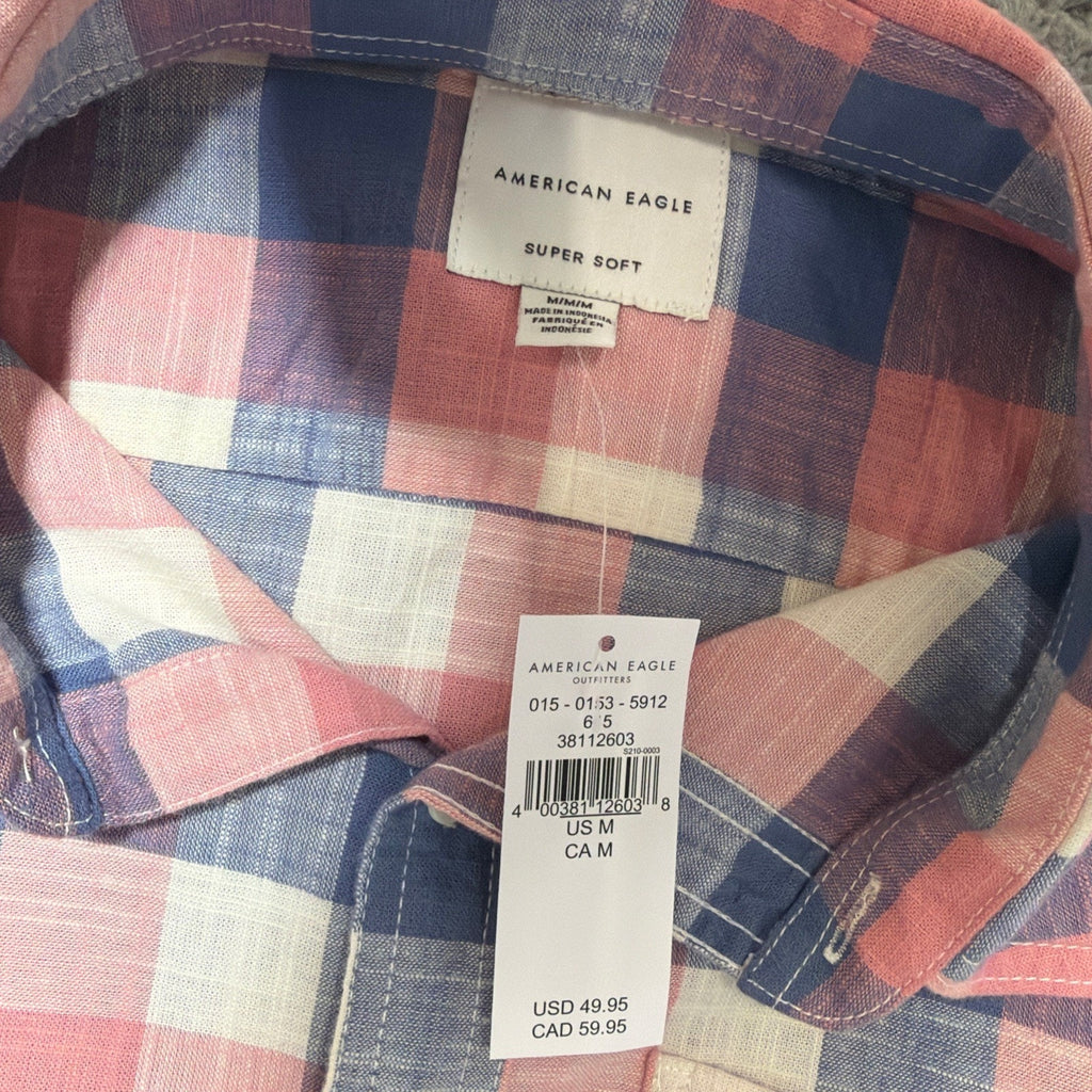 American Eagle Super Soft Outfitters Men's M Pink Blue Checkered Button Up NWT