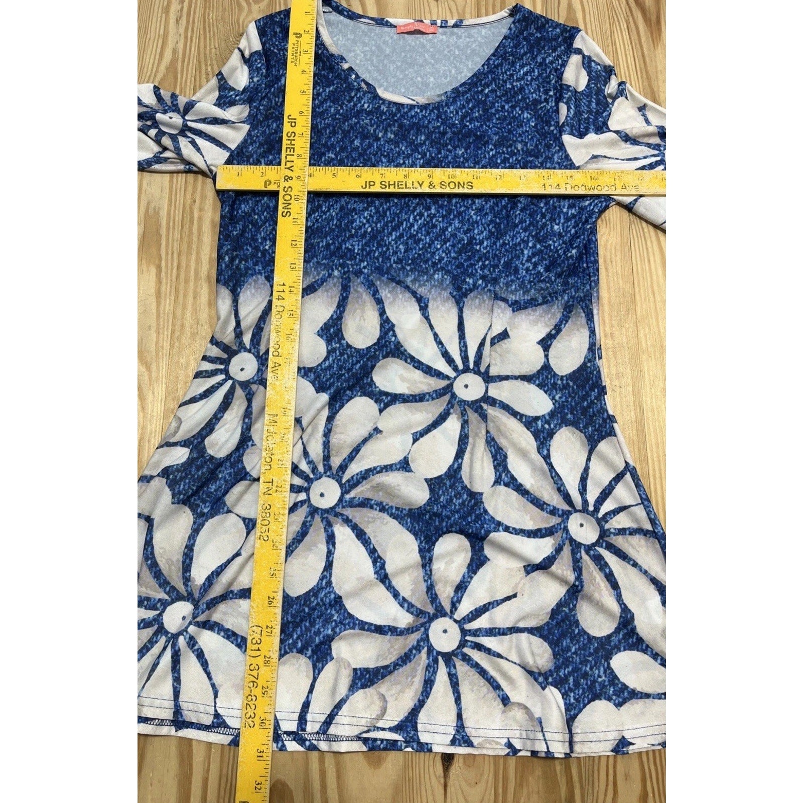 Simply Aster Dress Womens Medium Blue Ombre Floral Print 3/4 Sleeve Sheath BOHO