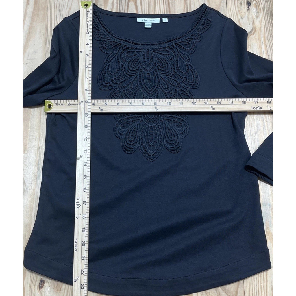 Chico's Black Lace Inset Cotton Top Women's 00 XS 3/4 Sleeves