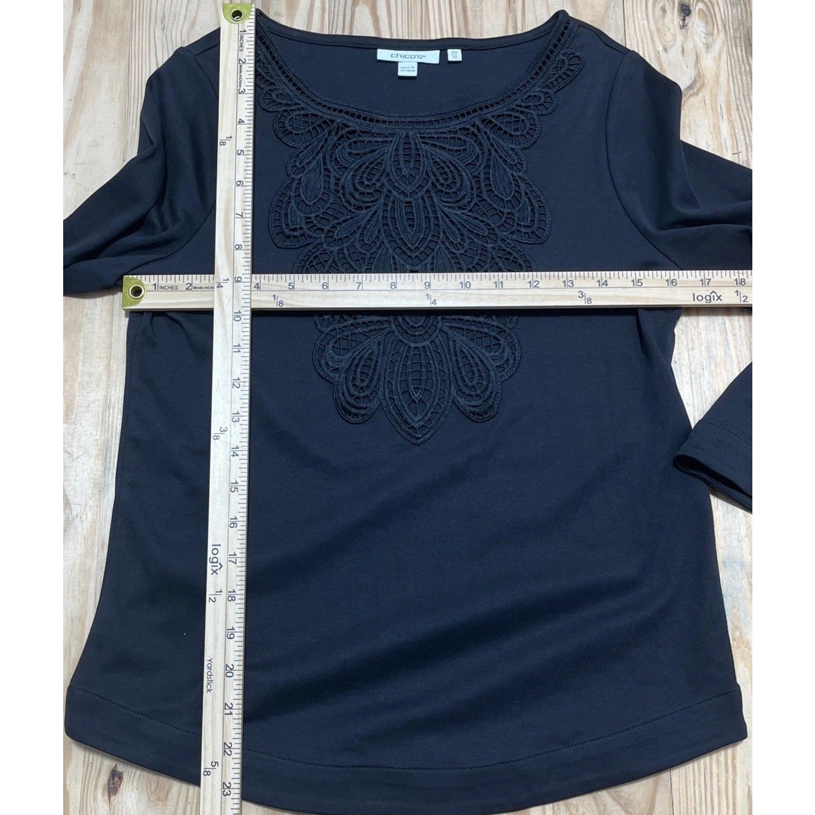 Chico's Black Lace Inset Cotton Top Women's 00 XS 3/4 Sleeves