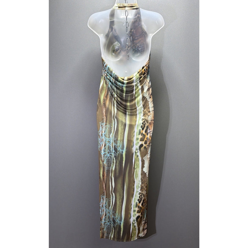 Akira Women's S Animal Print Halter V-Neck Side Slit Bodycon Dress NWT Stretch