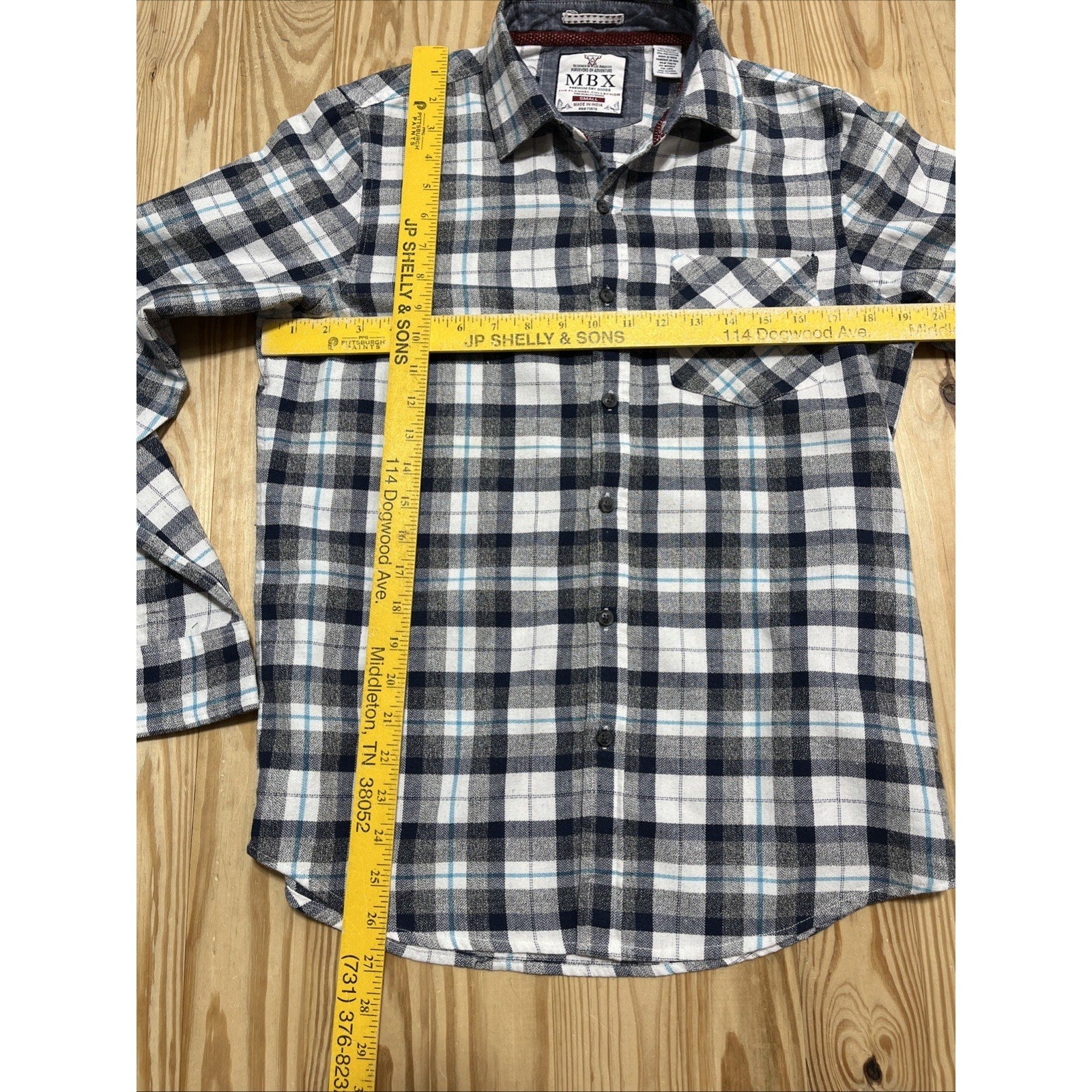 MBX LA Flannel Collection Men's Button-Down Shirt Gray/White Blue Plaid Size S
