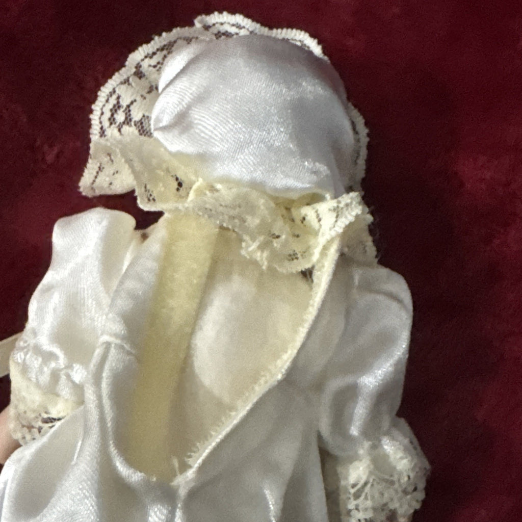 Vintage Mini Porcelain Baby Doll 5” White Satin Lace Dress Bonnet Collectible