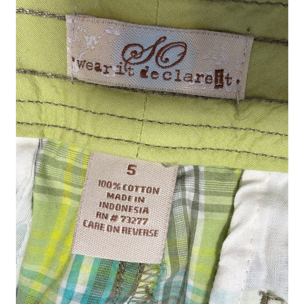 SO WEAR DECLARE size 5 PLAID blue green slit pocket BERMUDA SHORTS New