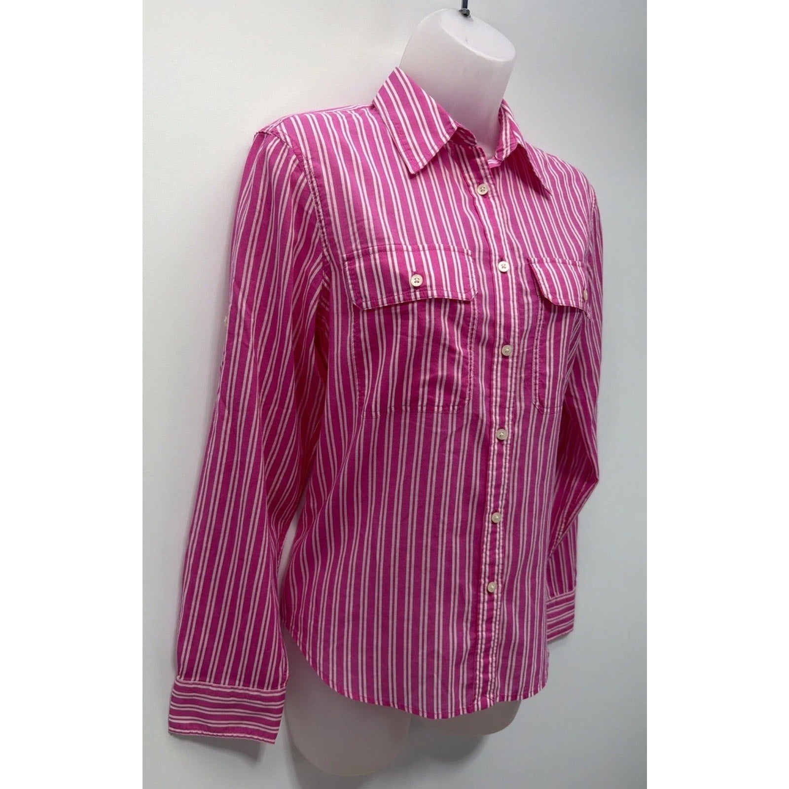 Lauren Ralph Lauren Shirt Womens Pink White Stripe Button Up Roll Tab Sleeves S