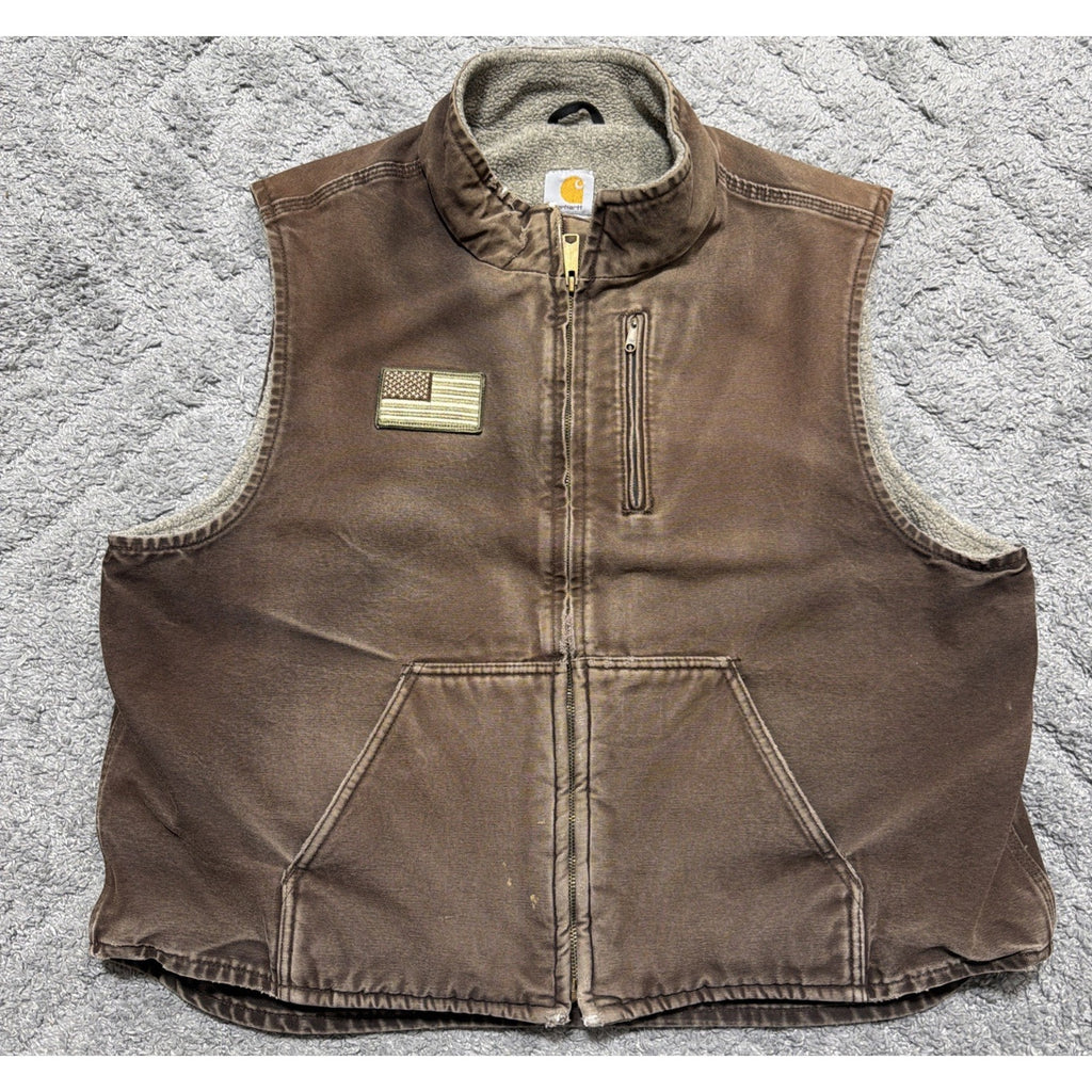 Carhartt Vest Mens M Brown V33-DKB Duck Canvas Sherpa-Lined Worn Workwear 2XL