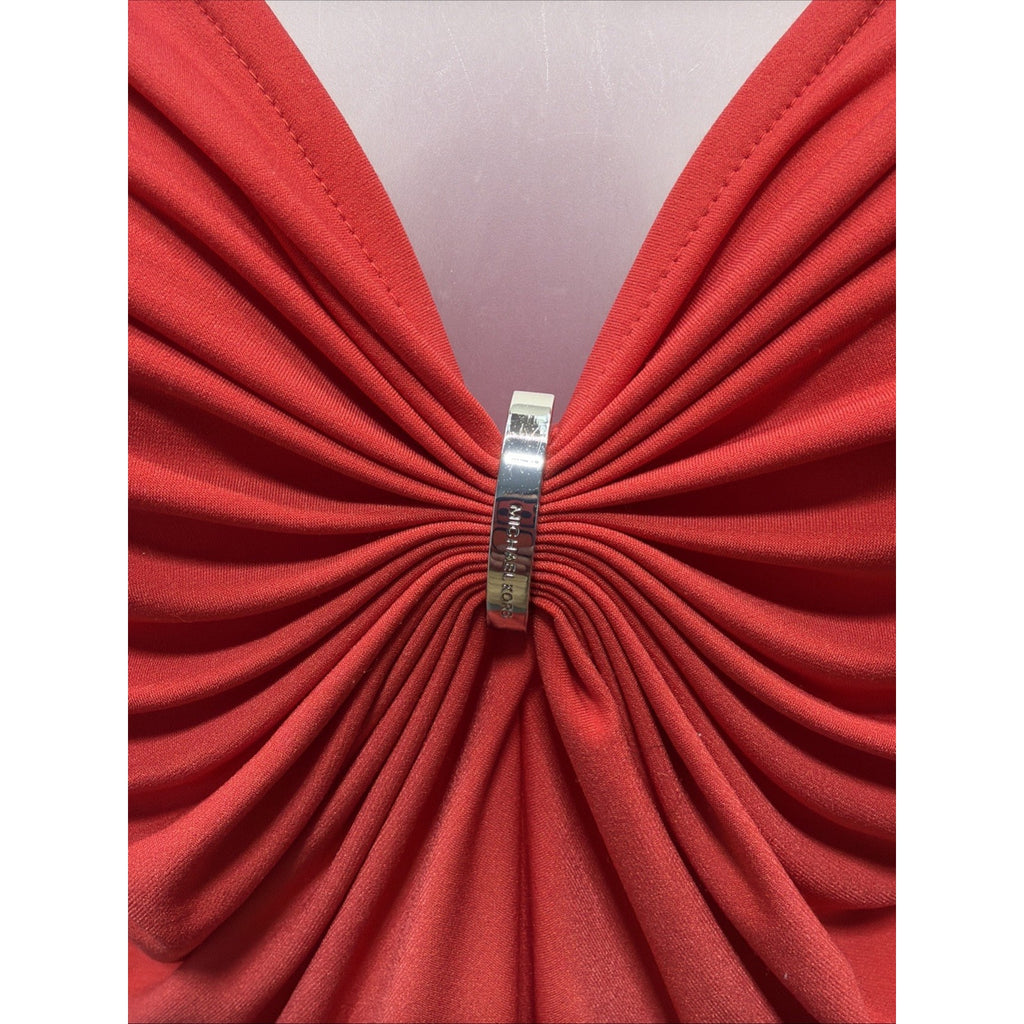 Michael Kors Women's Red Ruched Clasped Long-Sleeve Blouse Top Size M