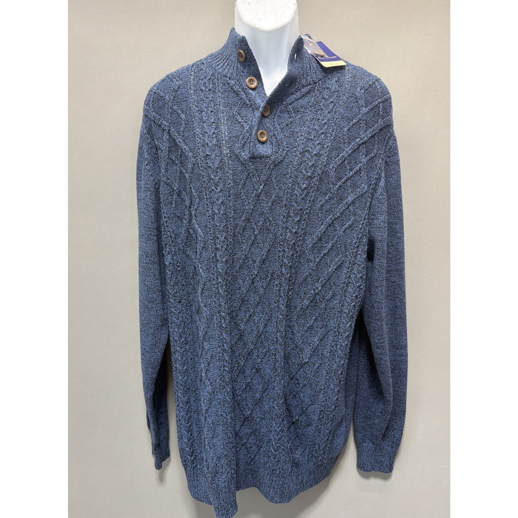 Alan Flusser Men's Blue 1/4 Button Cable Knit Sweater Preppy Casual XXL New