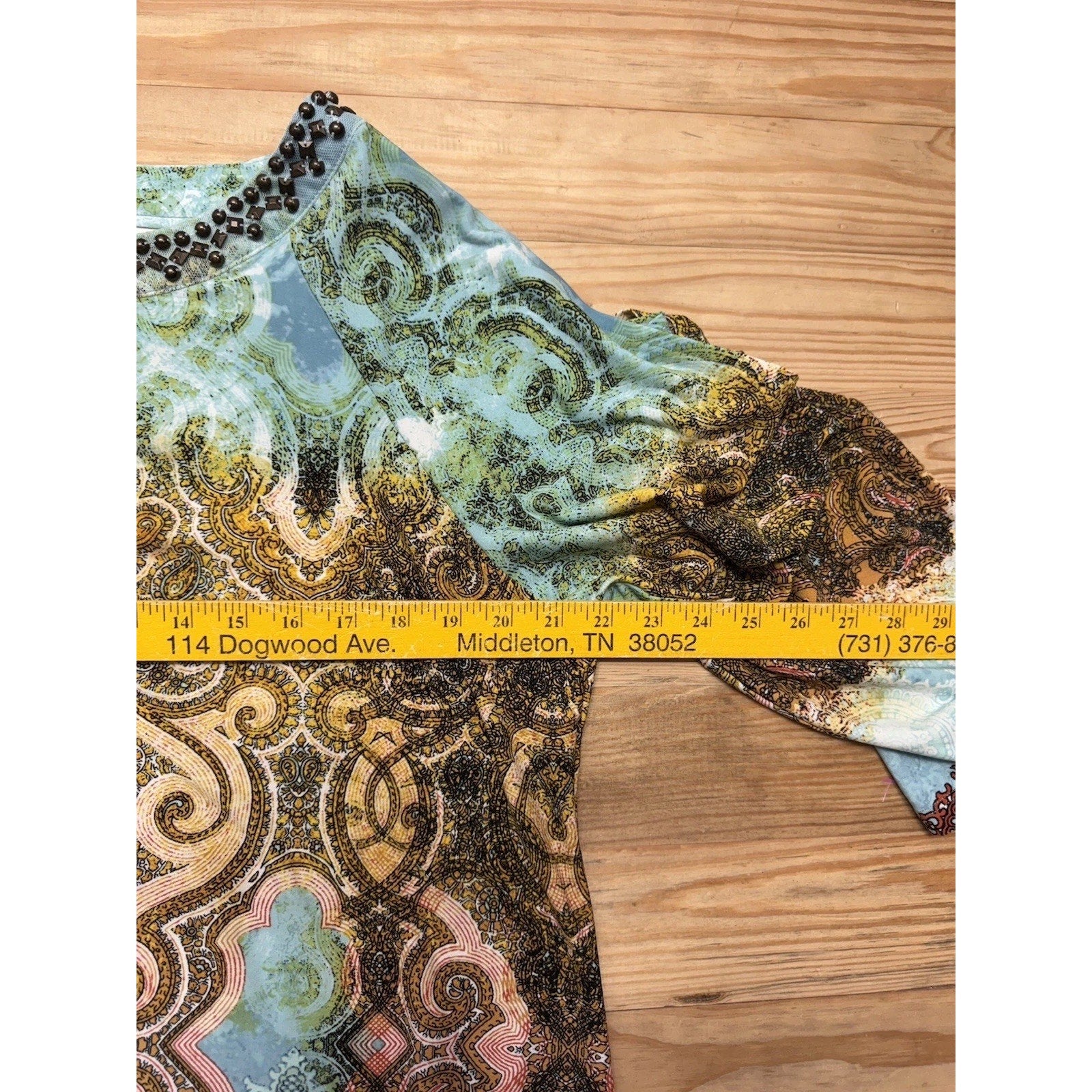 Chicos Cut Out Long Sleeves Beaded Neck Dress Aqua Print Size 3 (US XL)