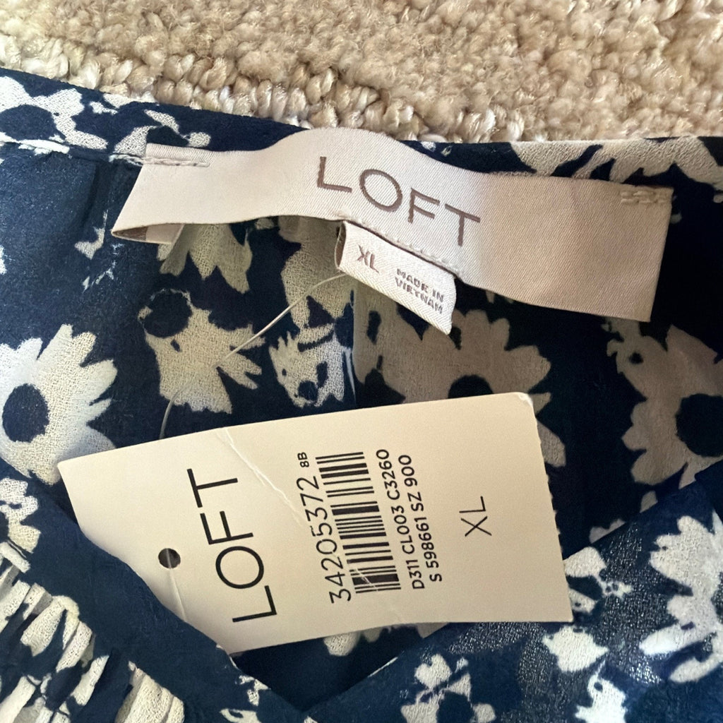 Women LOFT Shirts & Blouses | Floral Ruffle Cuff Blouse Deep Space Blue XL New