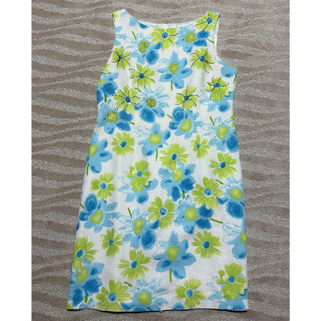 Vtg JESSICA HOWARD Linen Dress Women Sz 14 Sleeveless Shift Lined Embellished