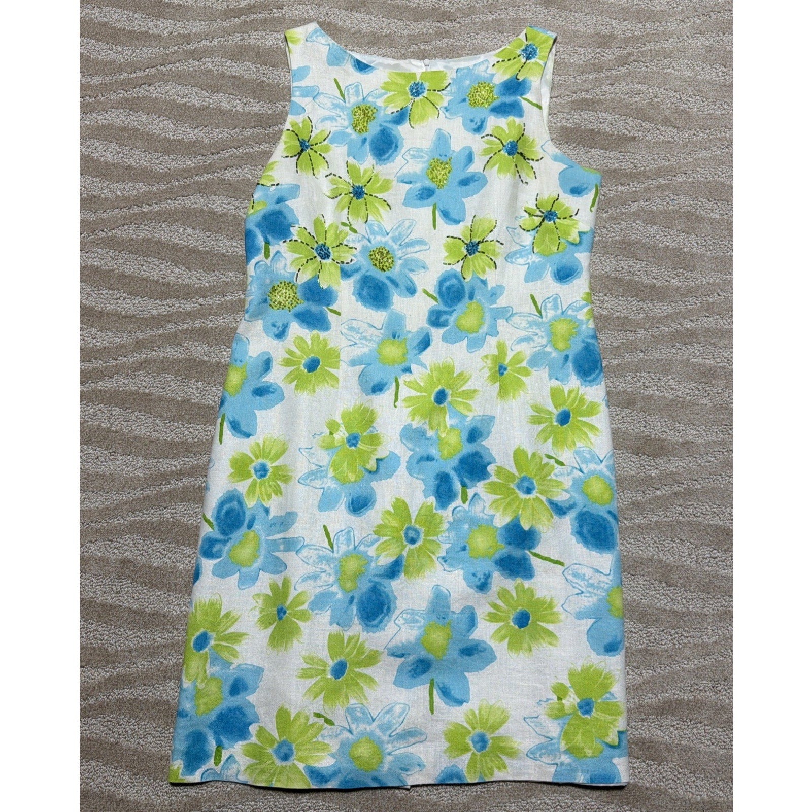 Vtg JESSICA HOWARD Linen Dress Women Sz 14 Sleeveless Shift Lined Embellished