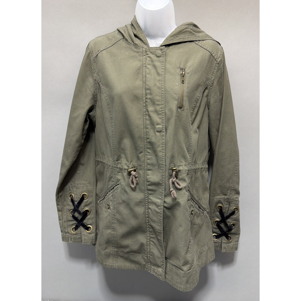 Women’s Maurices Army Green Hooded Jacket Lace Sleeves Back Detail M
