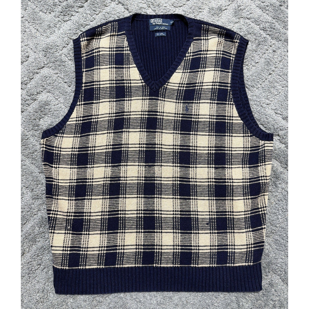 Vtg 90s Polo Ralph Lauren Mens Windowpane Linen Blend Sweater Vest XXL Preppy