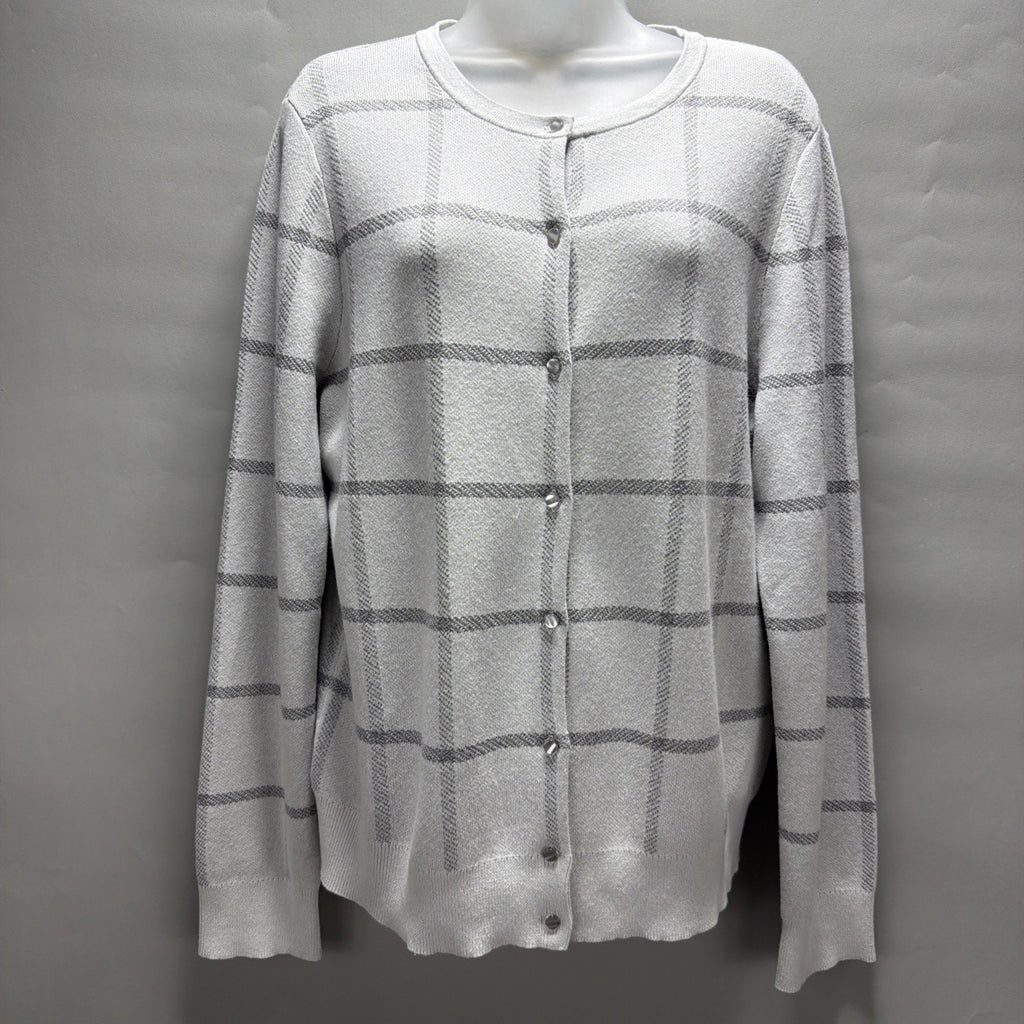 Ann Taylor Factory Windowpane Cardigan Sweater XL Gray White Button Front NWT