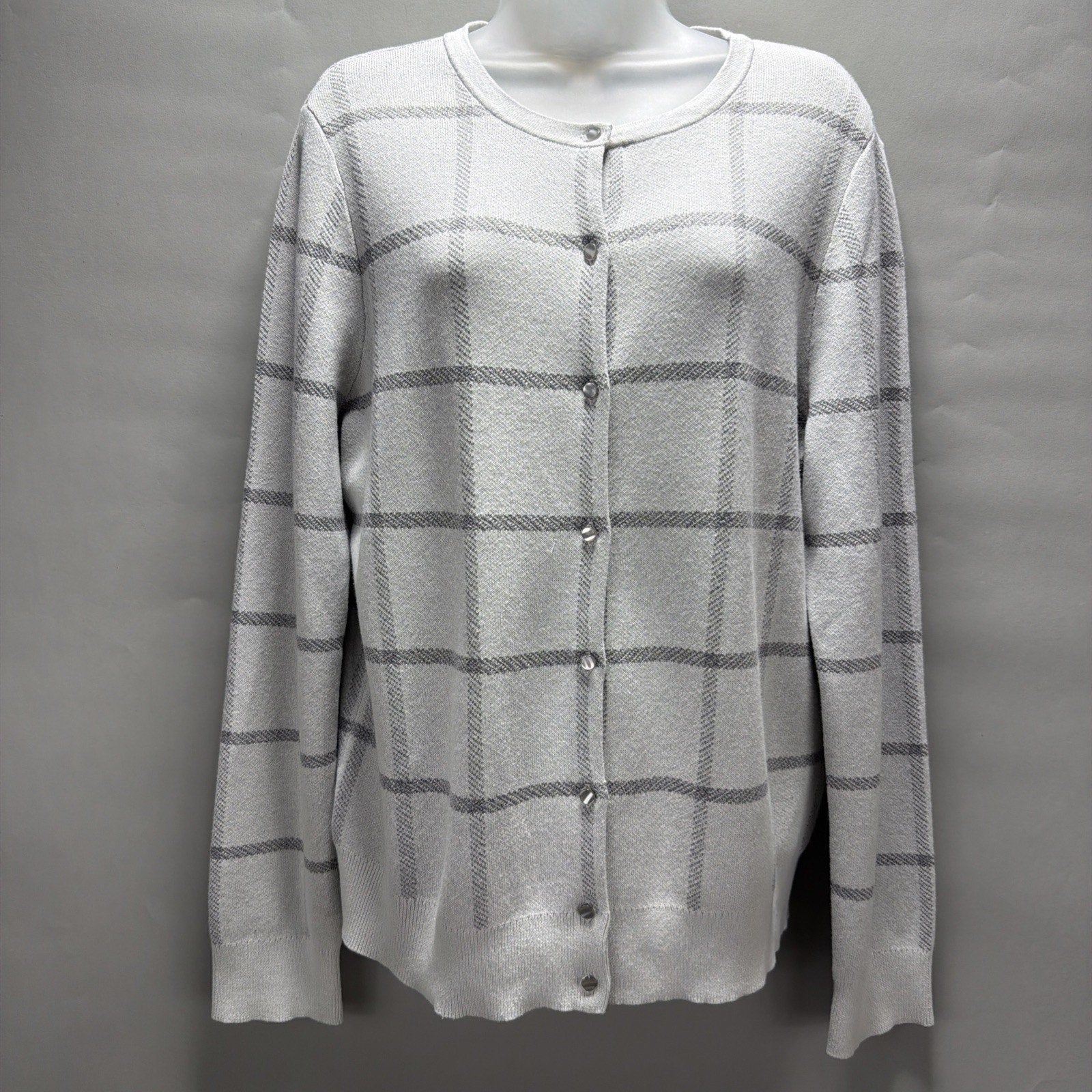 Ann Taylor Factory Windowpane Cardigan Sweater XL Gray White Button Front NWT