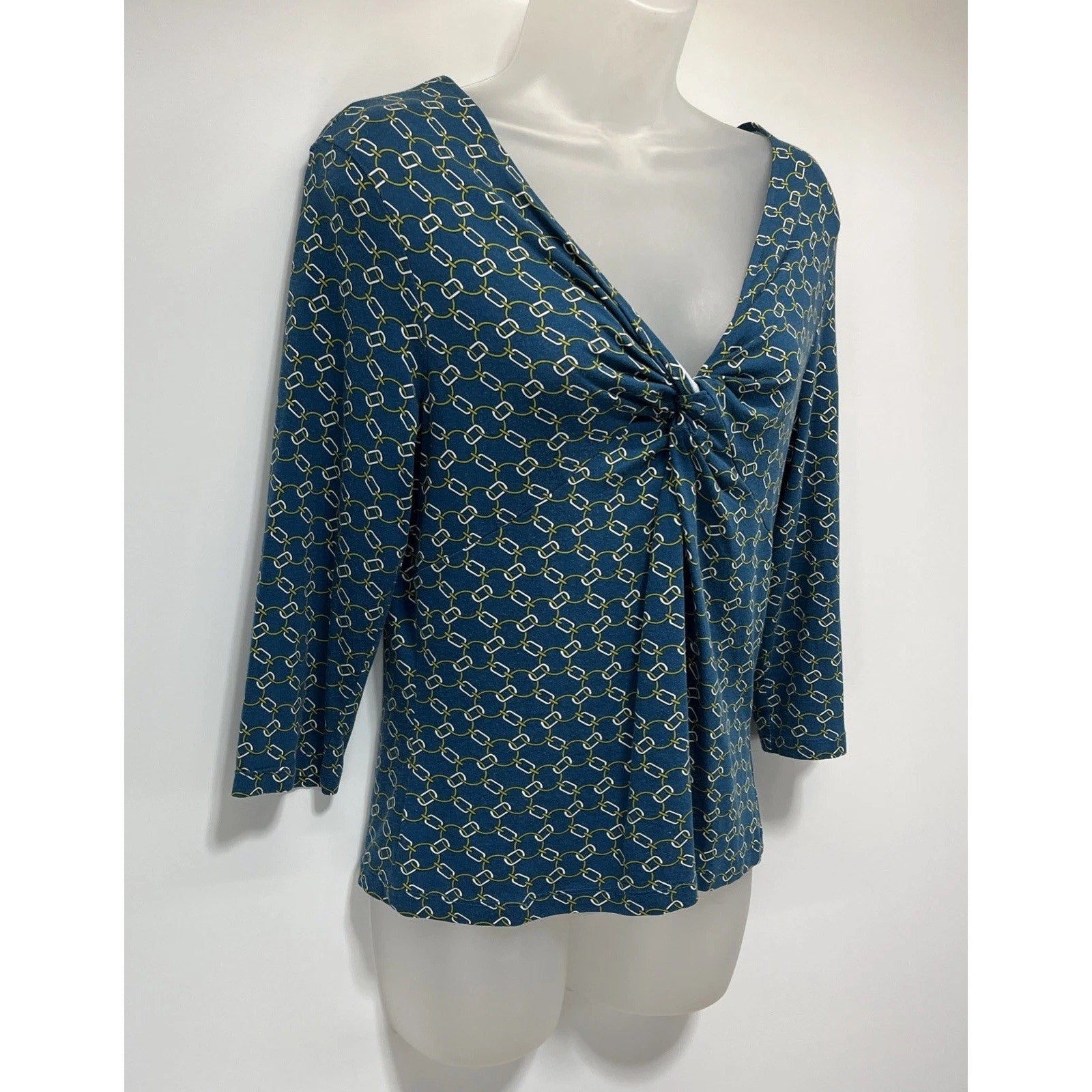 Women's Small Talbots Blue Chain Link Design 3/4 Sleeve Knit Blouse