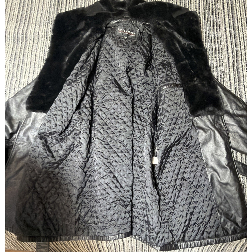 Vintage Wilsons Women's Large Black Leather Belted Coat Faux Fur Accents Lined