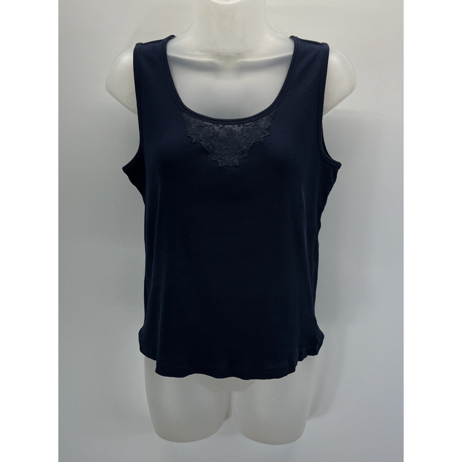 Lauren Ralph Lauren Blue Ribbed Tank Top with Lace Trim Y2K Preppy Size L