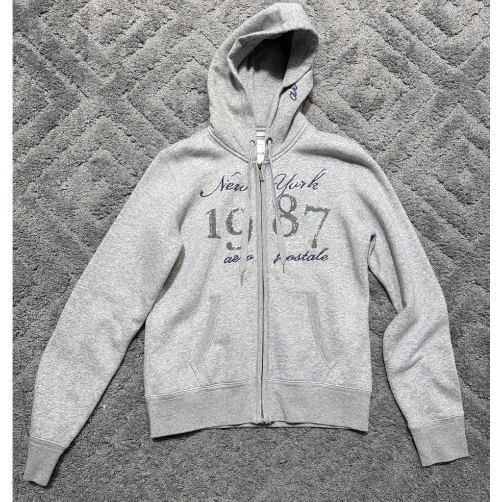 AEROPOSTALE GRAY ZIPPERED FRONT FLEECE HOODIE EMBROIDERED & EMBELLISHED LARGE