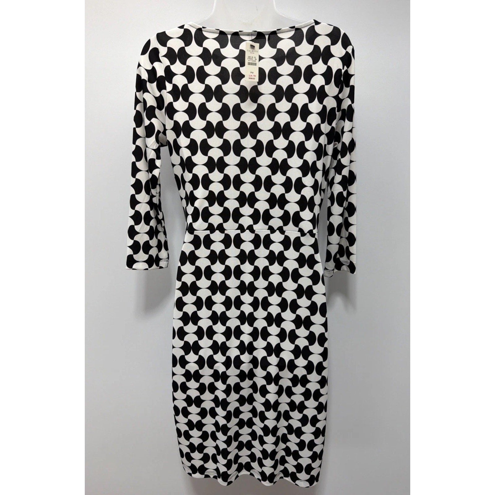 Talbots Dress Womens Petite M Black White Jersey Stretch Faux Wrap Career Casual