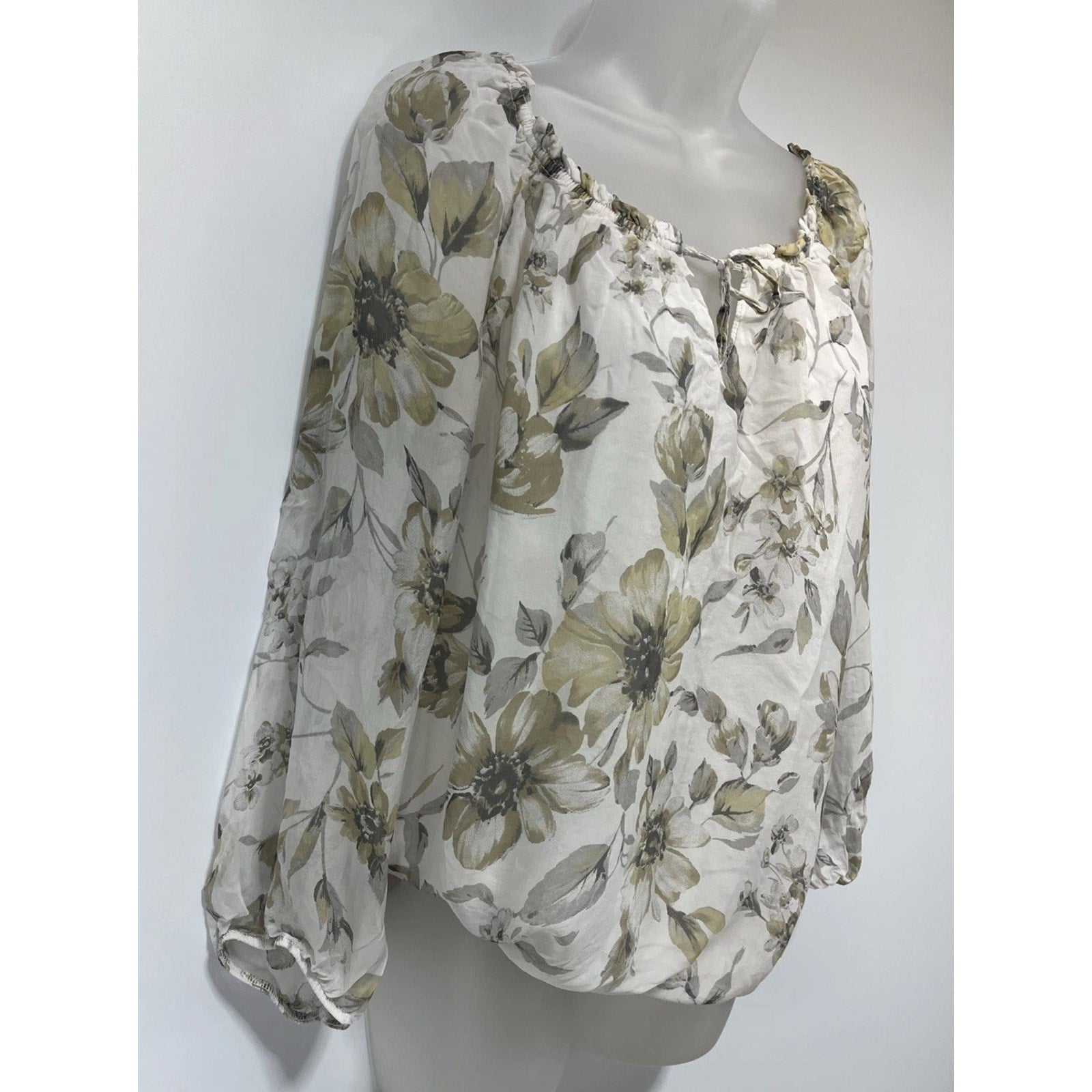 Rosemarine Made Italy Ivory Olive Silk Floral Print L/Sleeve Lined Blouse Top L