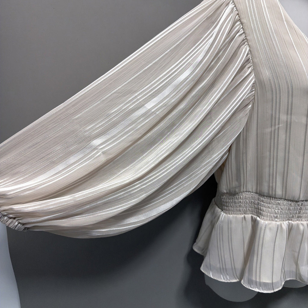 Express Women’s Smock Waist Blouse Size L Lined Beige Career Lagenlook Whimsy