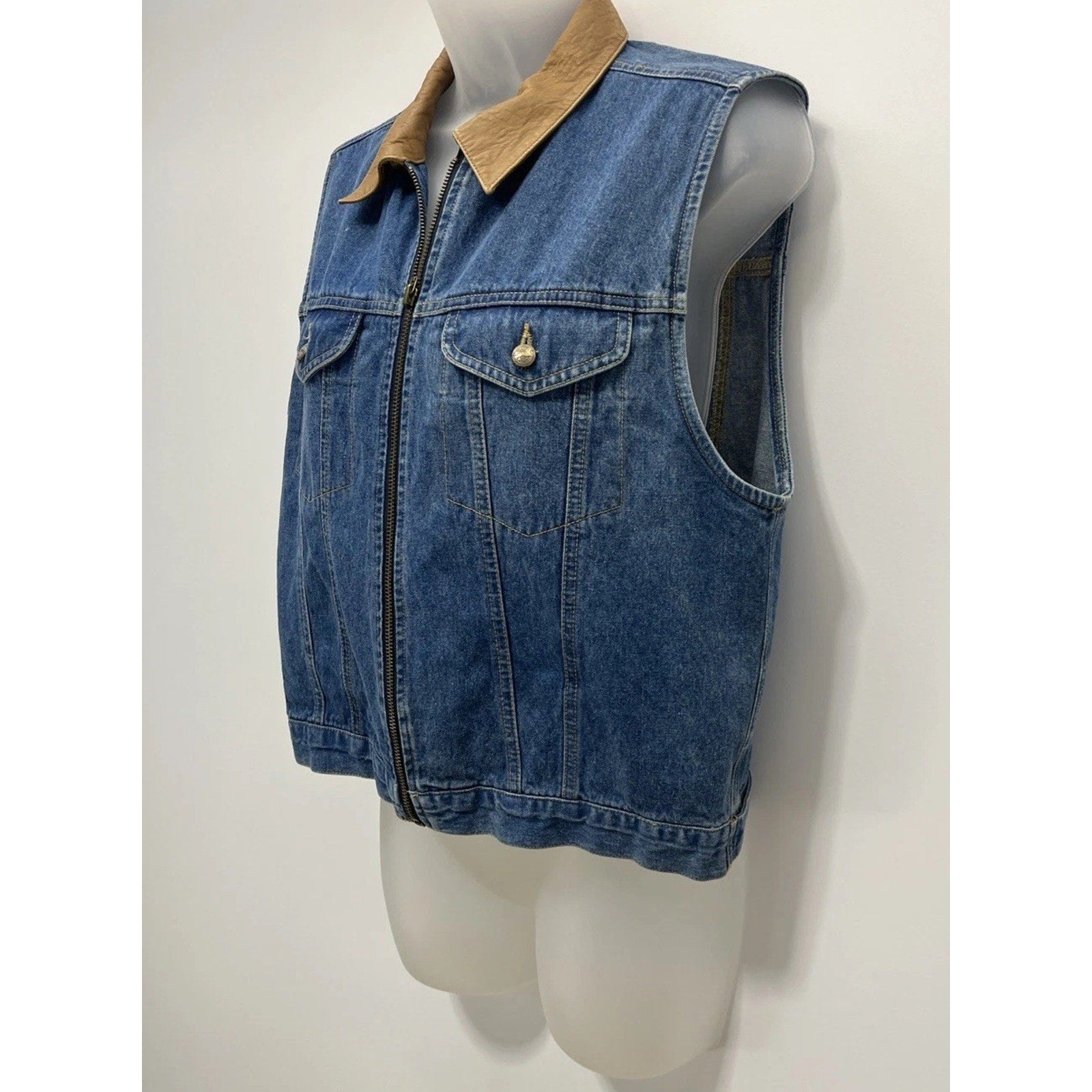 Vtg Crazy Horse Liz Claiborne Denim Vest Leather Collar Full Zip Sz M