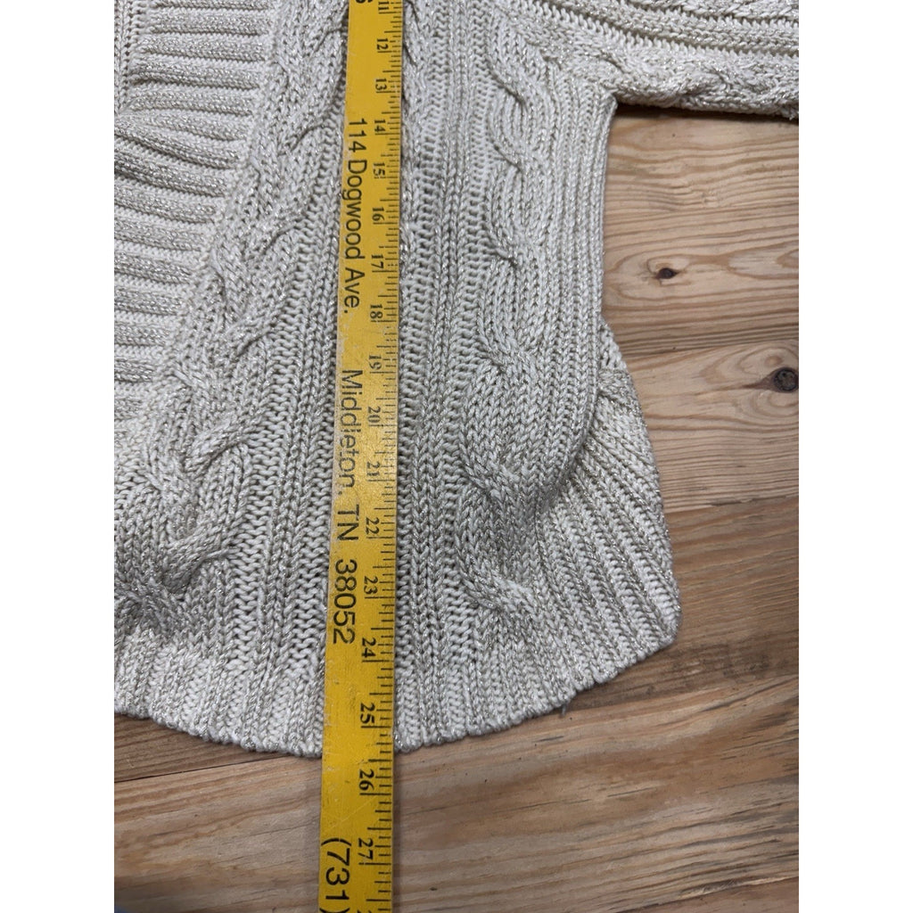 Chico's Open Front Cardigan Sweater Size 2 (L/12) Ivory w/ Metallic Gold Threads