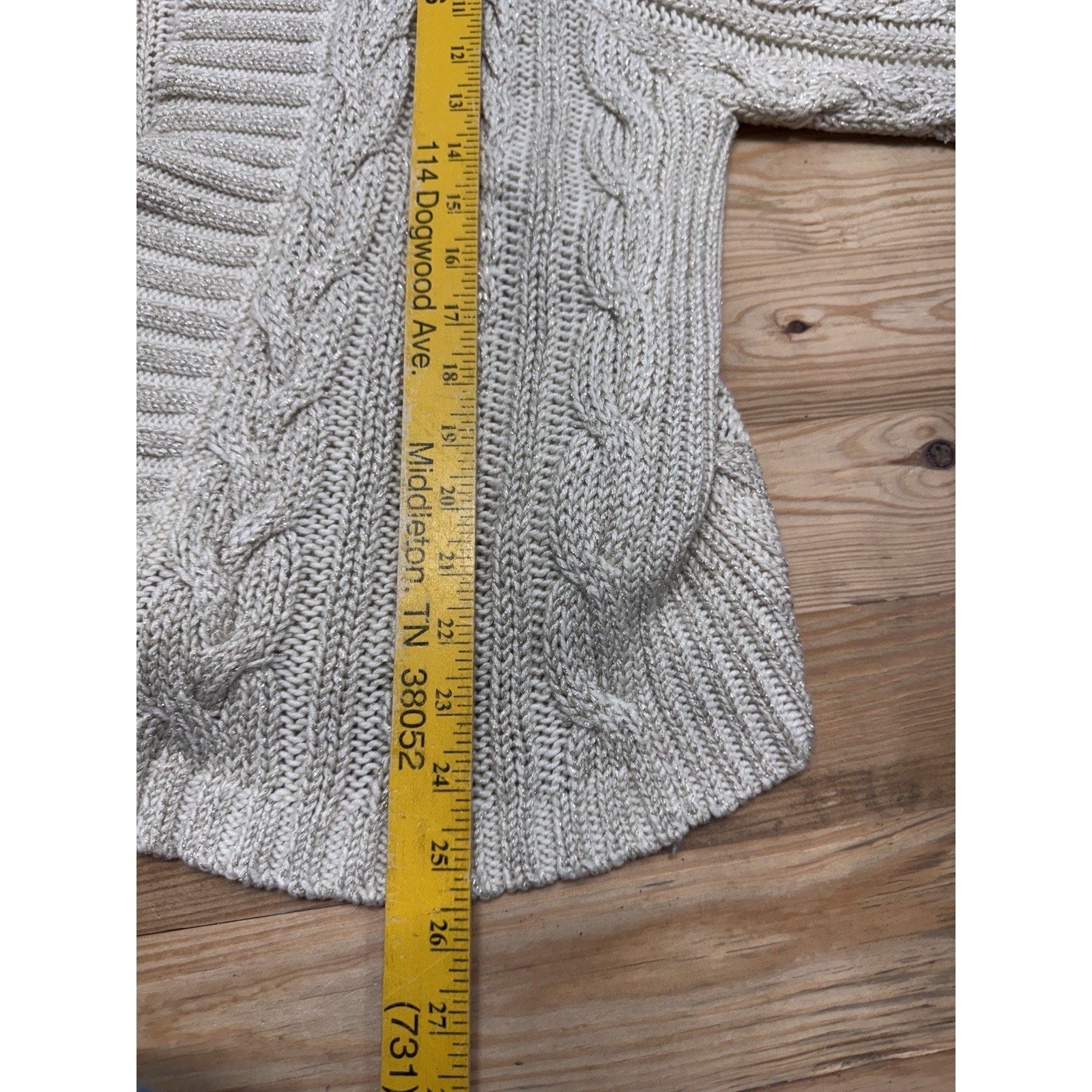 Chico's Open Front Cardigan Sweater Size 2 (L/12) Ivory w/ Metallic Gold Threads