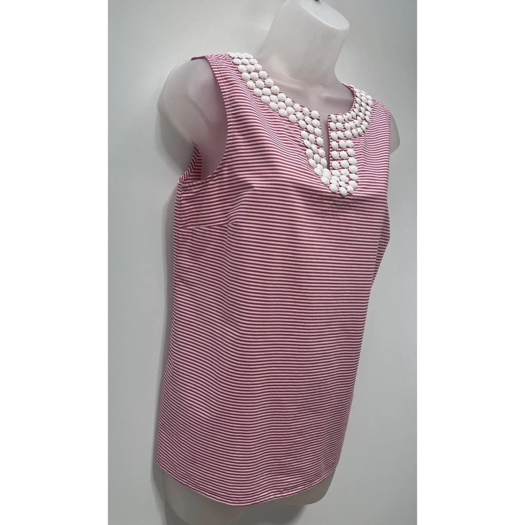 Talbots Women 6 Large Pink White Striped Beaded V-Neck Sleeveless Top Stretch