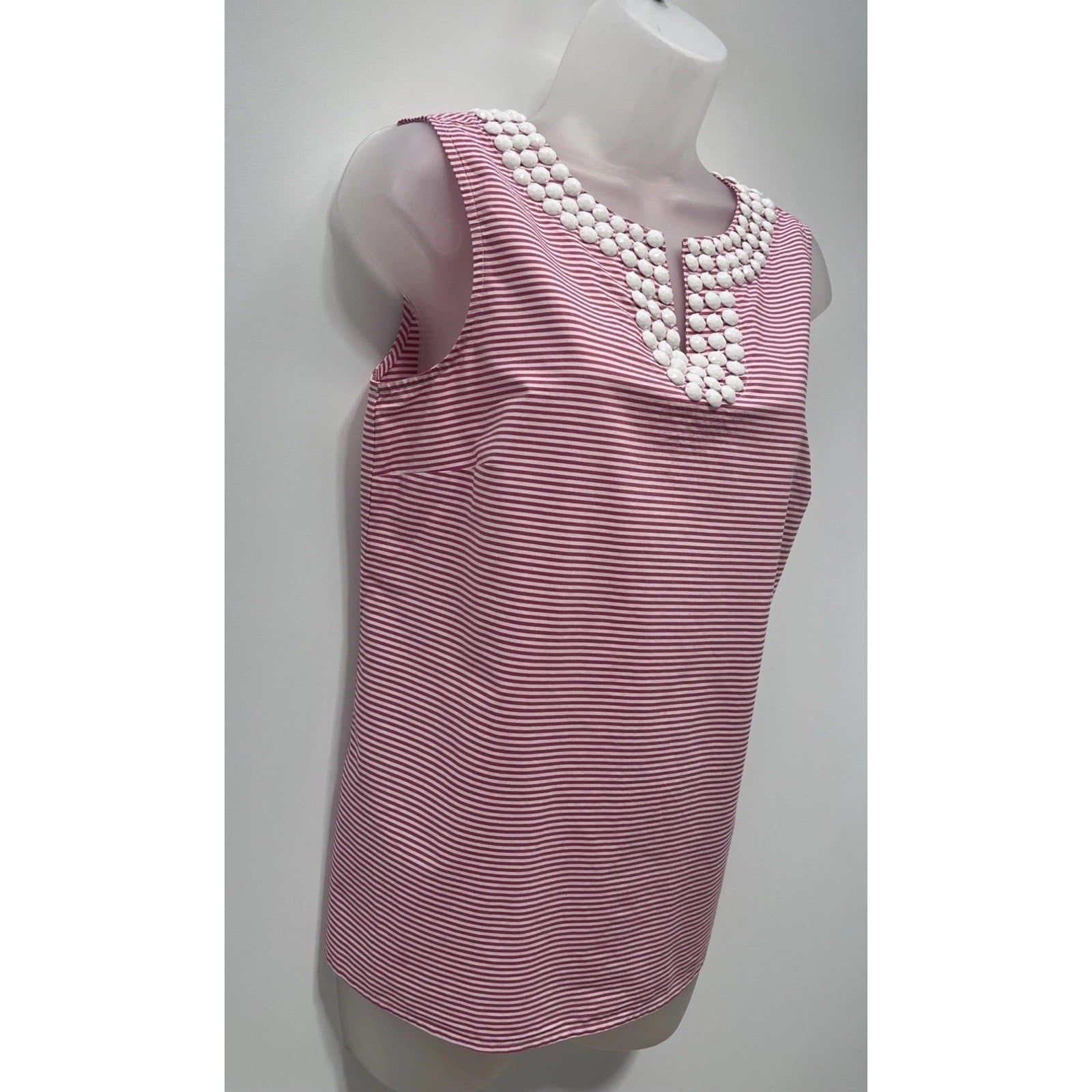 Talbots Women 6 Large Pink White Striped Beaded V-Neck Sleeveless Top Stretch