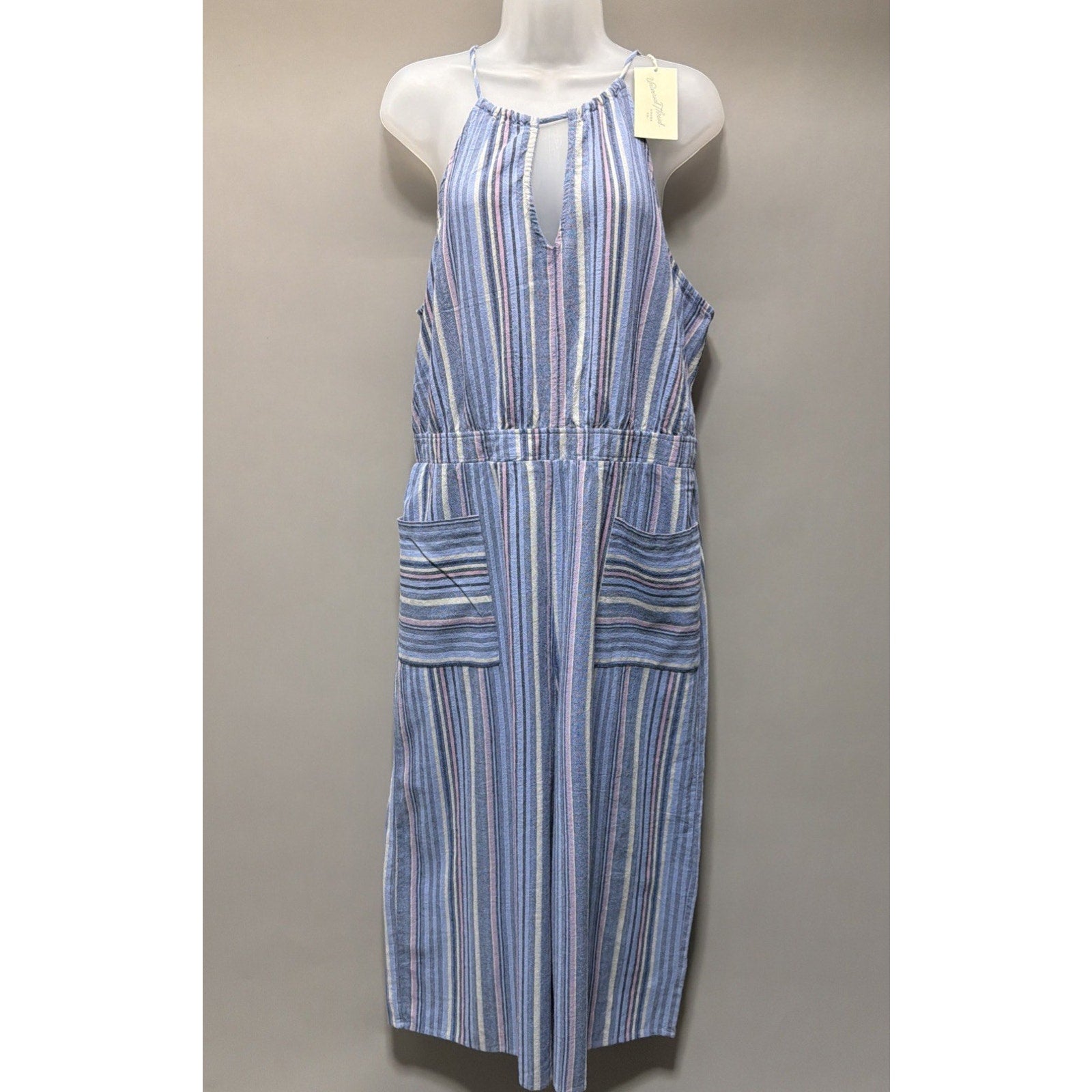 Universal Thread Striped Halter Romper XXL Blue Pink Cotton Tie Back Pockets New