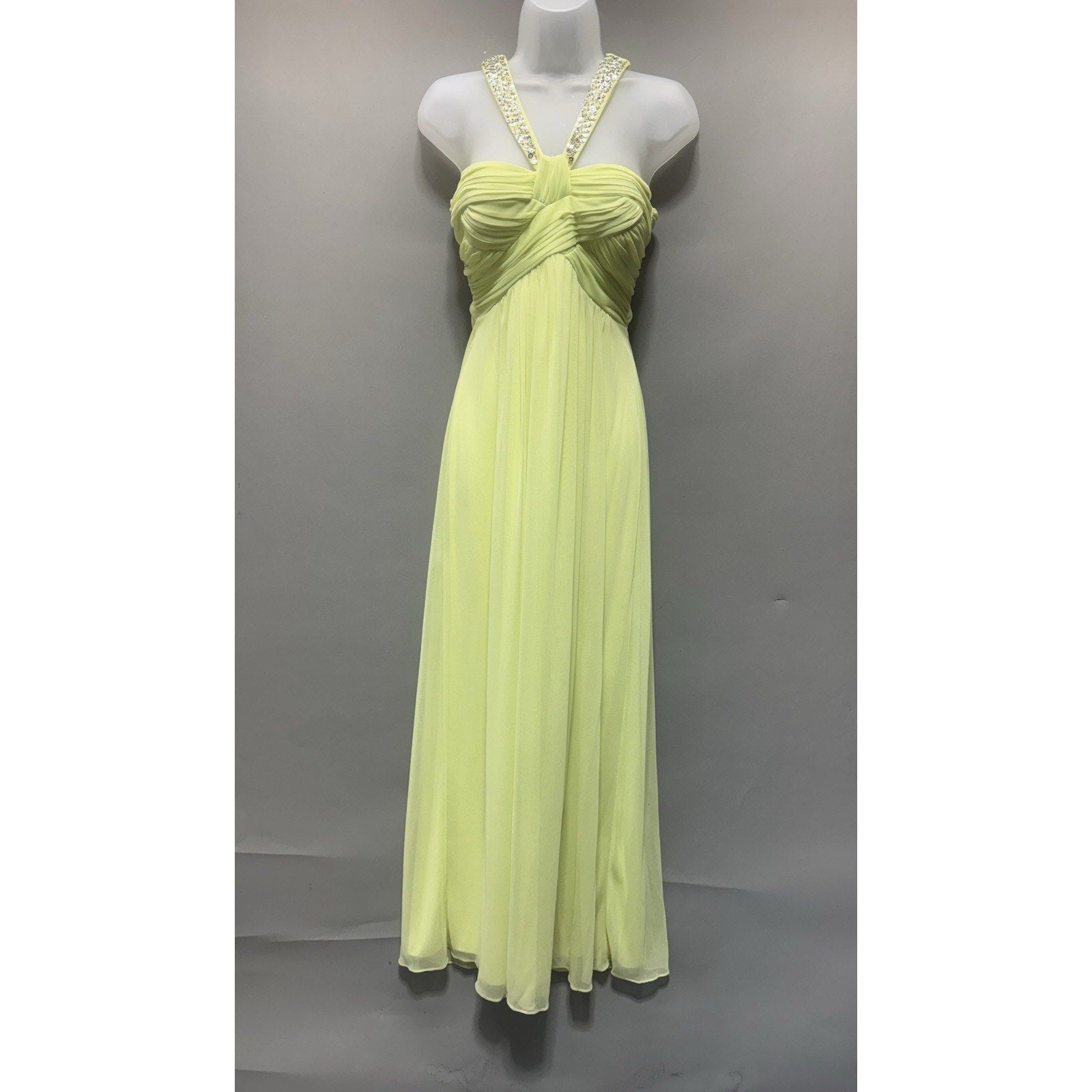 Vintage Triangle Neon Yellow Beaded Maxi Dress Womens Size M Backless Formal
