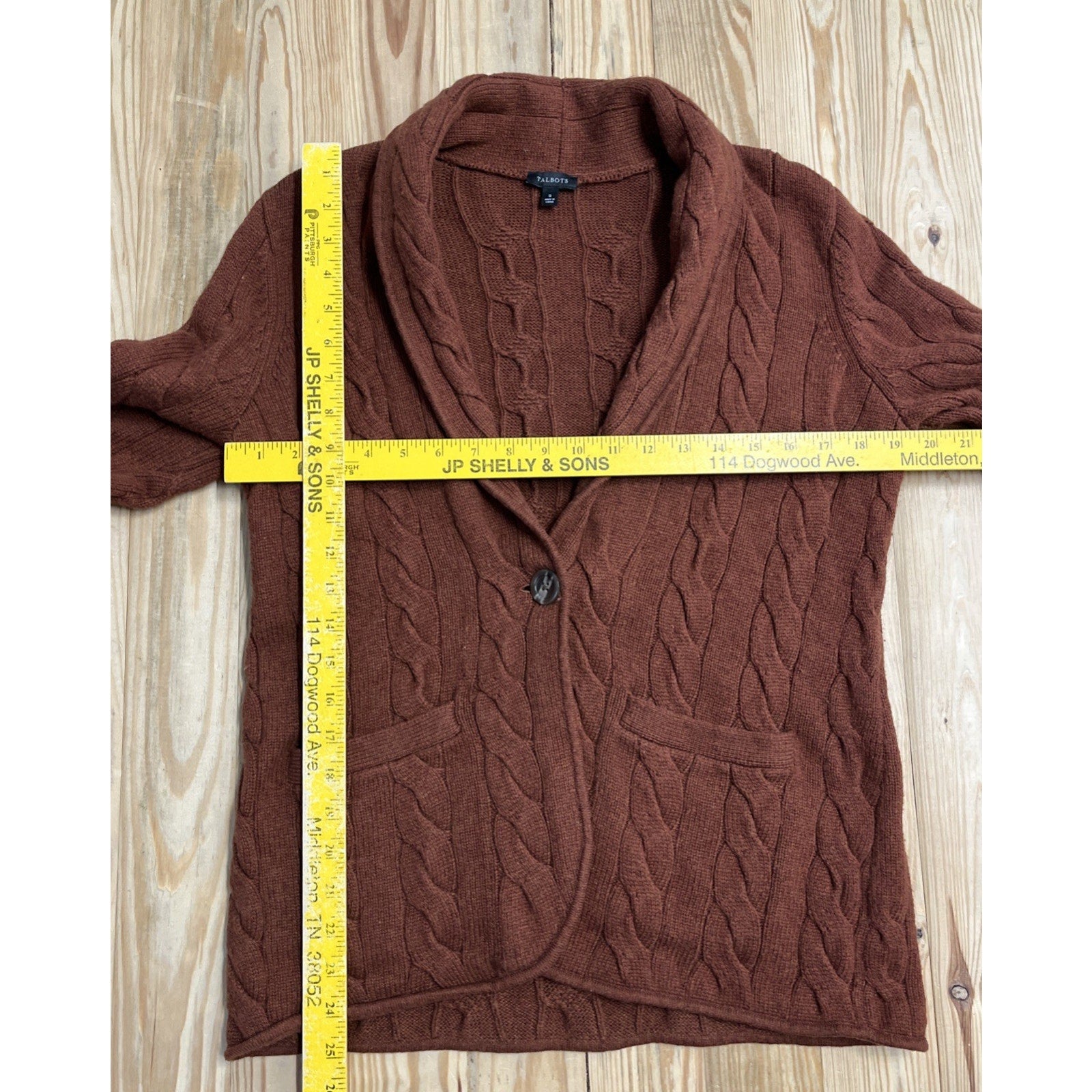 Talbots Wool Blend Cable Knit Cardigan Sweater Brown Faux Leather Trim Small