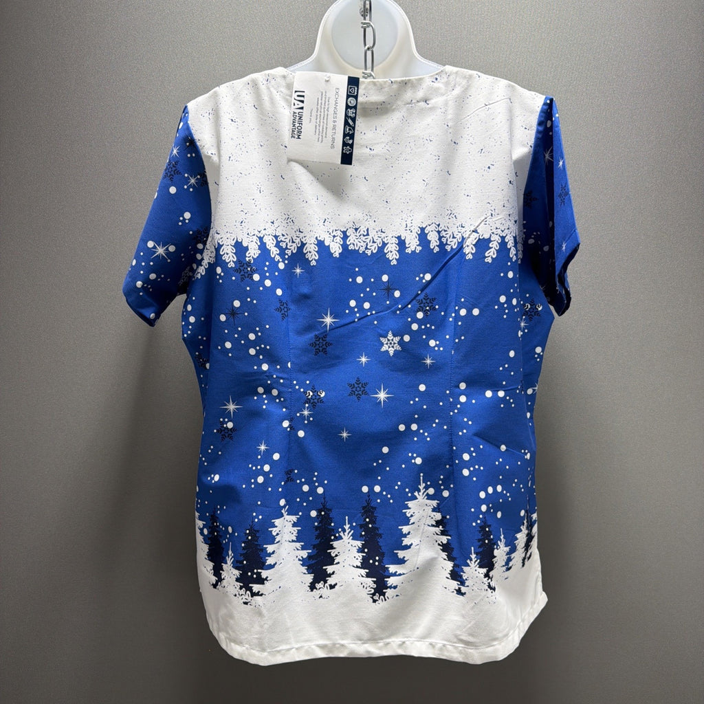 UA Scrubs Uniform Advantage Winter Snow Print Nurse Christmas Uniform Top L NWT