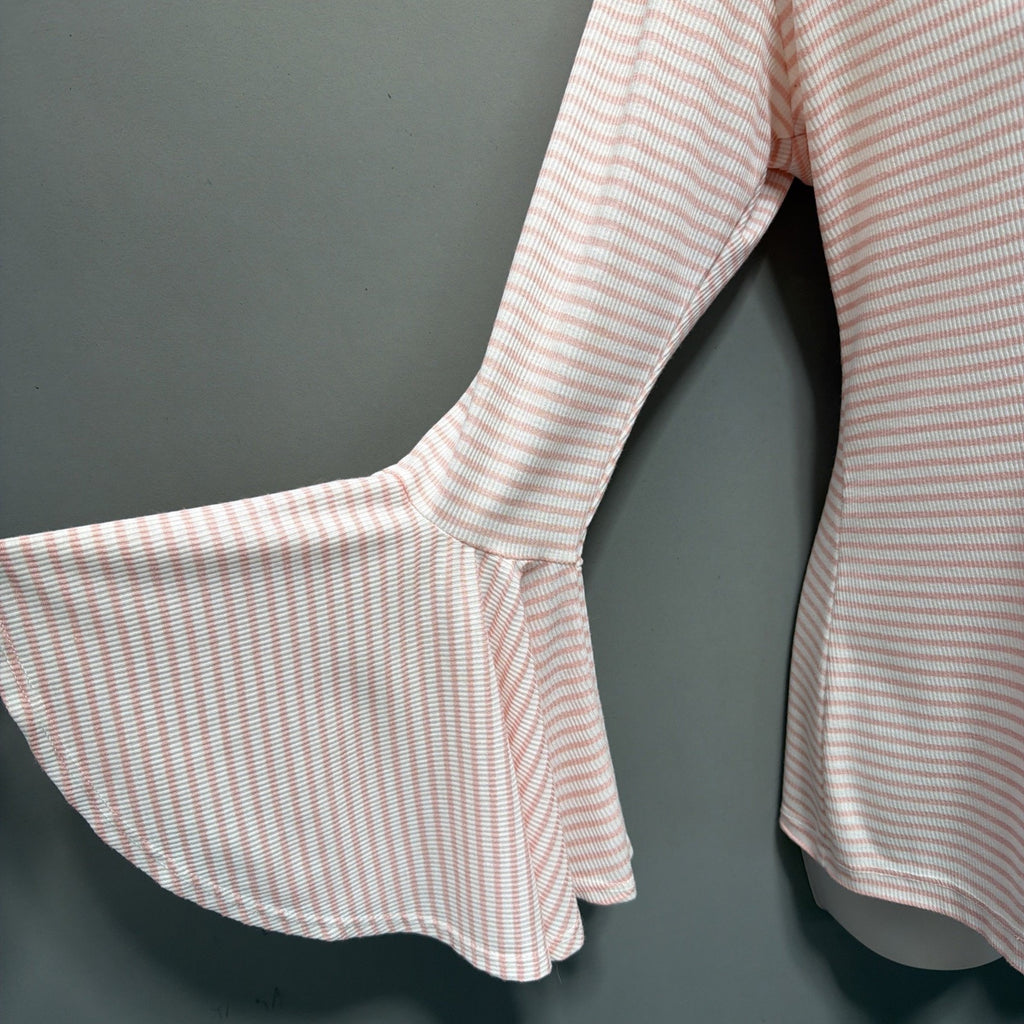 BMG Womens Boho Top Size M White Peach Striped Bell Sleeves Blouse Tunic