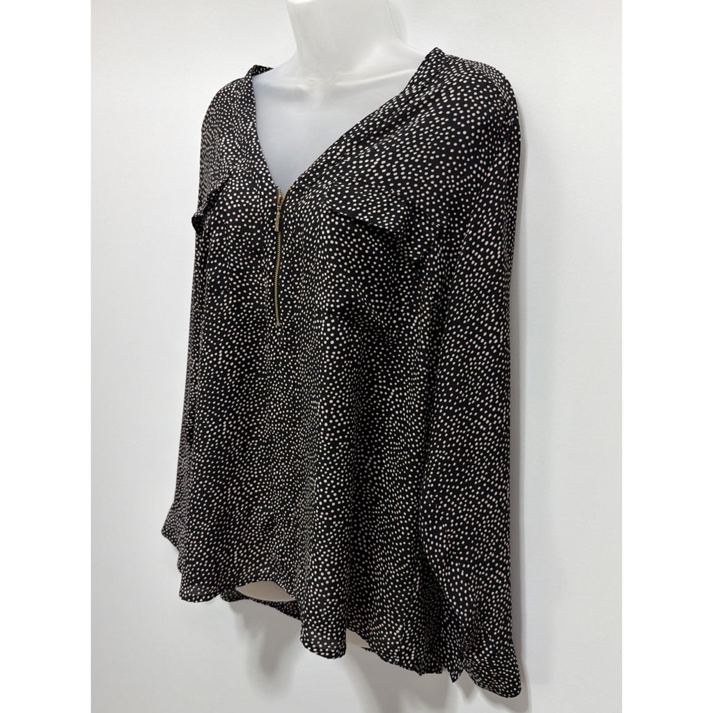 EXPRESS Black White Zipper V-Neck Career Top Roll Up Tab Sleeve XL