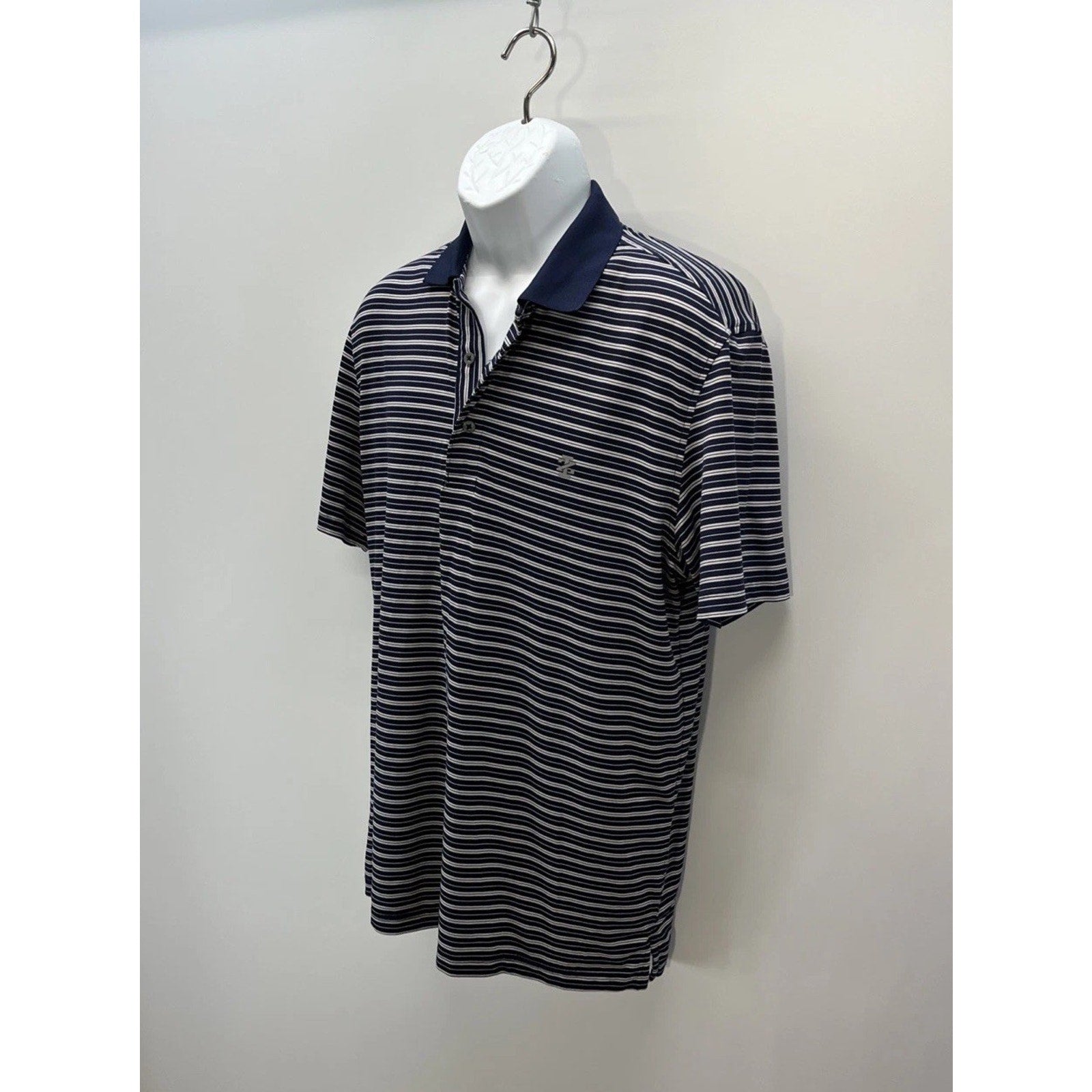 IZOD Polo Shirt Mens Large White Navy Striped Golf Collared Short Sleeve Classic