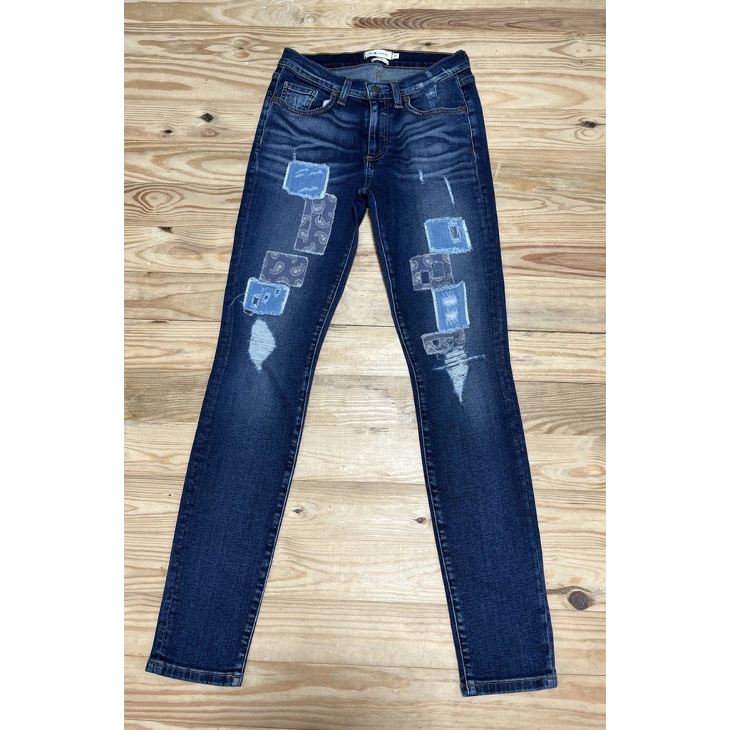 Miss Me Vintage Womens Size 27 Skinny Jeans Distressed Patched Dark Blue Stretch
