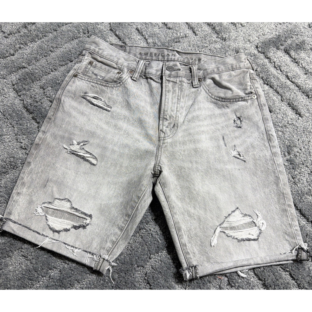 Anerican Eagle AE Men’s Cuffed Distressed Gray Denim Jean Shorts Size 32