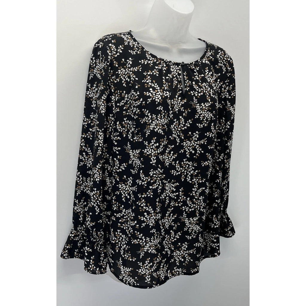 Talbots Keyhole Flowy Tunic Top Women's LP Petite Black Tan Floral Long Sleeve