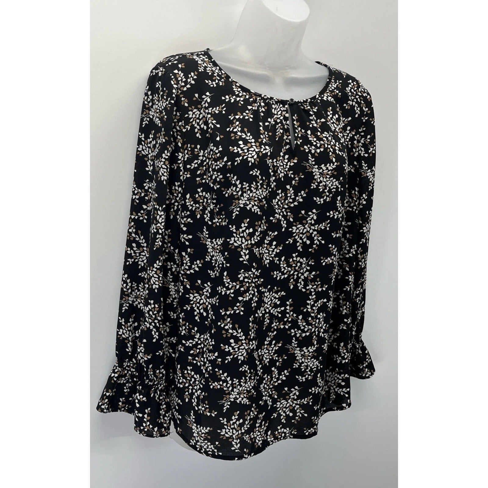 Talbots Keyhole Flowy Tunic Top Women's LP Petite Black Tan Floral Long Sleeve