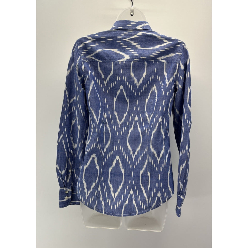 J Crew Womens Perfect Fit Blue Sunfaded Ikat Button Up Shirt Top Aztec Size 00