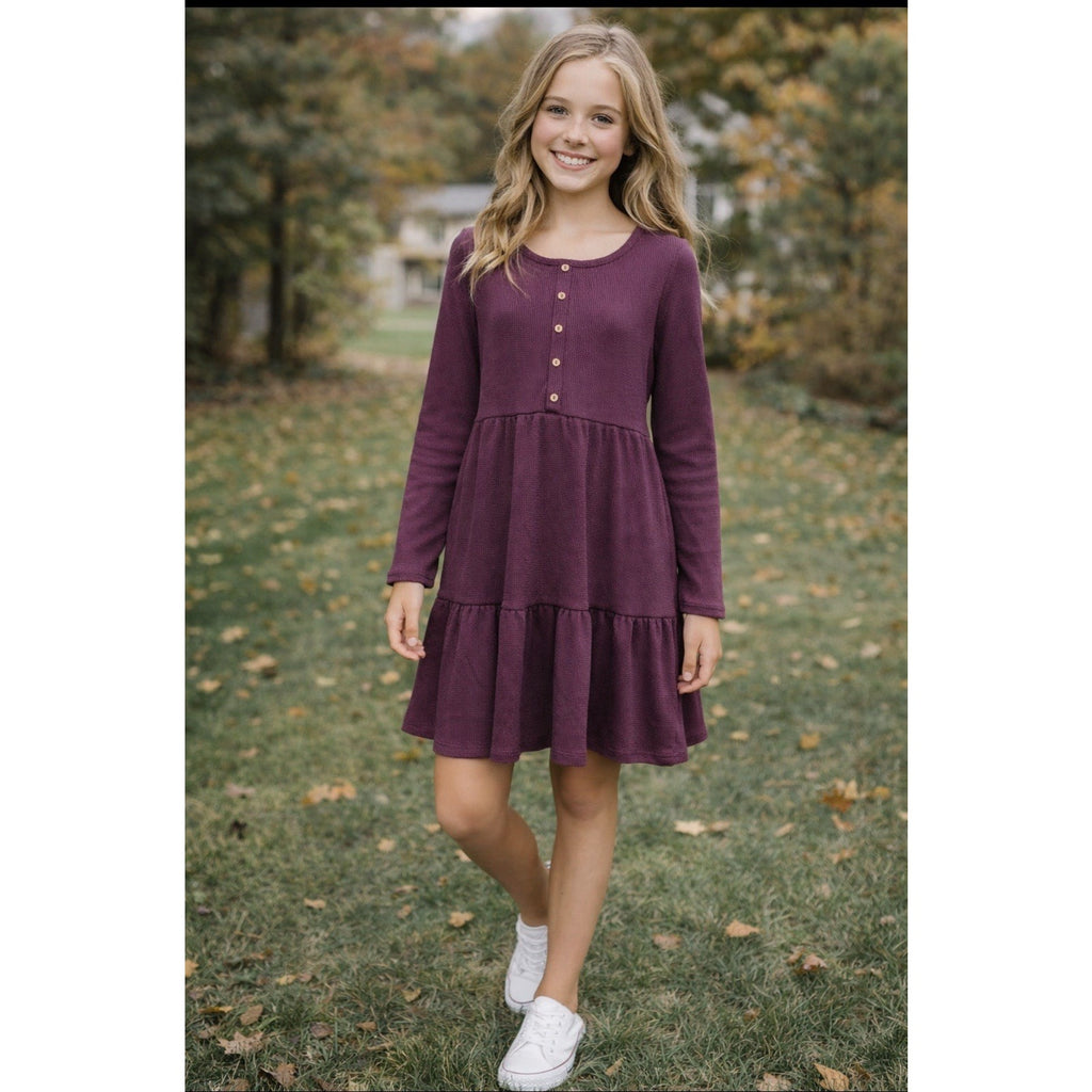 GAP Kids XXL 14-16 Waffle Knit Dress Purple Henley Tiered Long Sleeve NWT