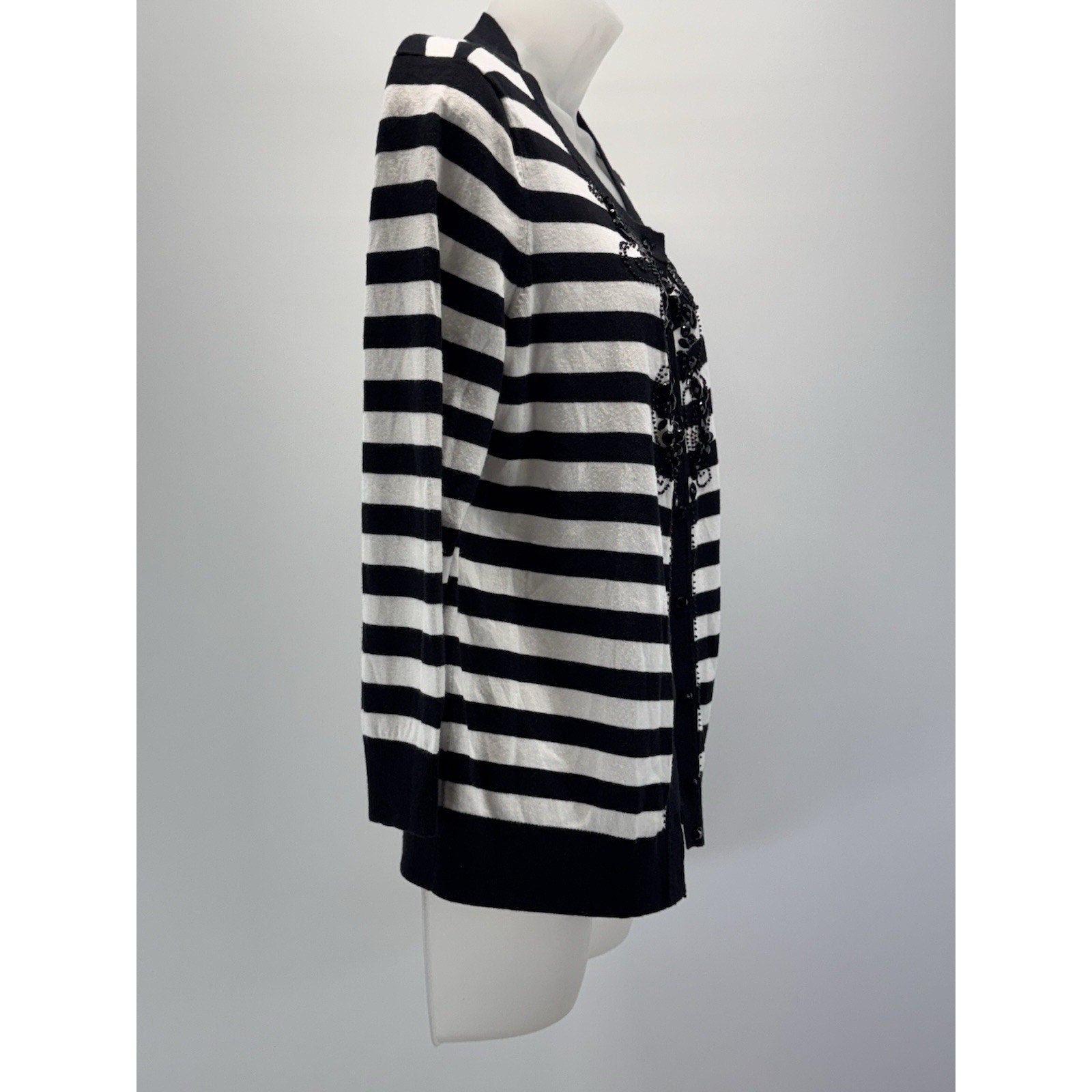 Talbots Classic Cardigan Sweater Black White Stripe Embroidered Beaded Women’s M