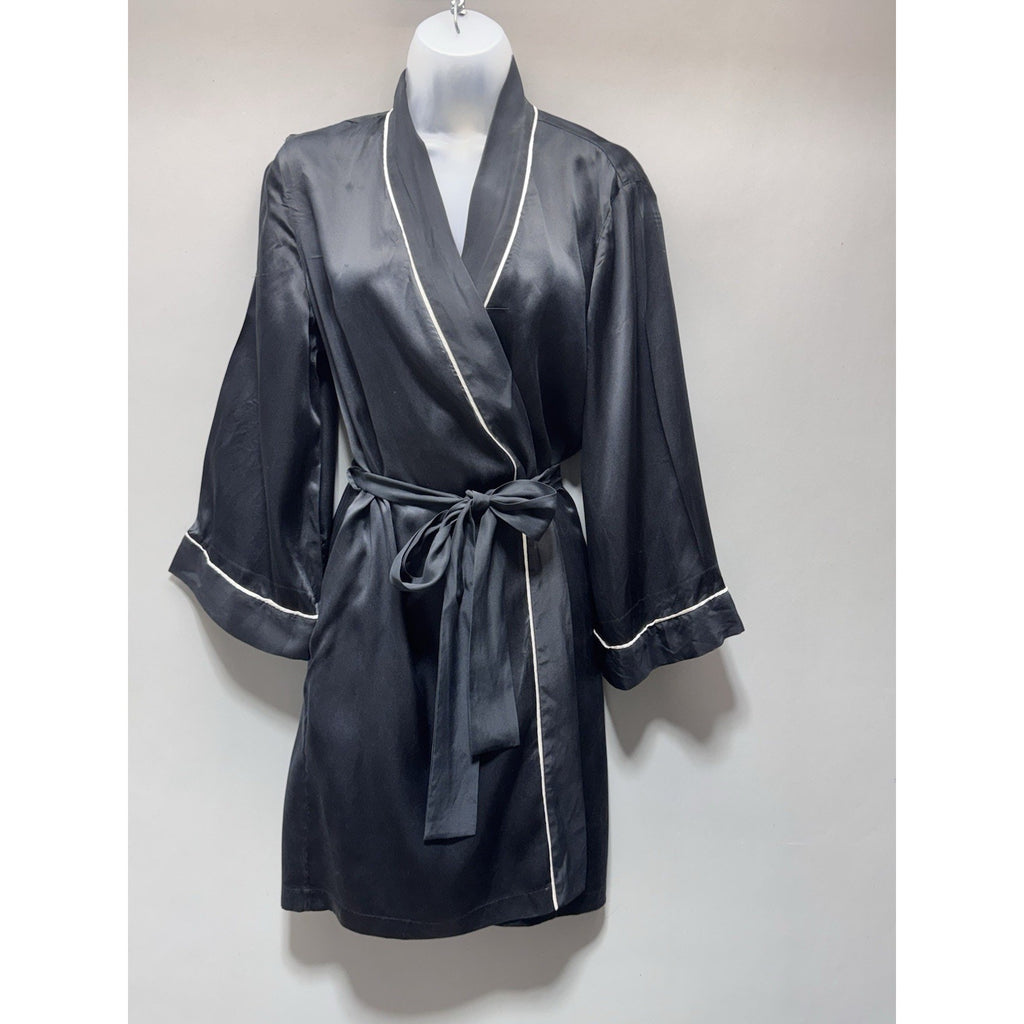 August Silk Intimates Black Silk Wrap Robe White Piping Women’s Size M Kimono