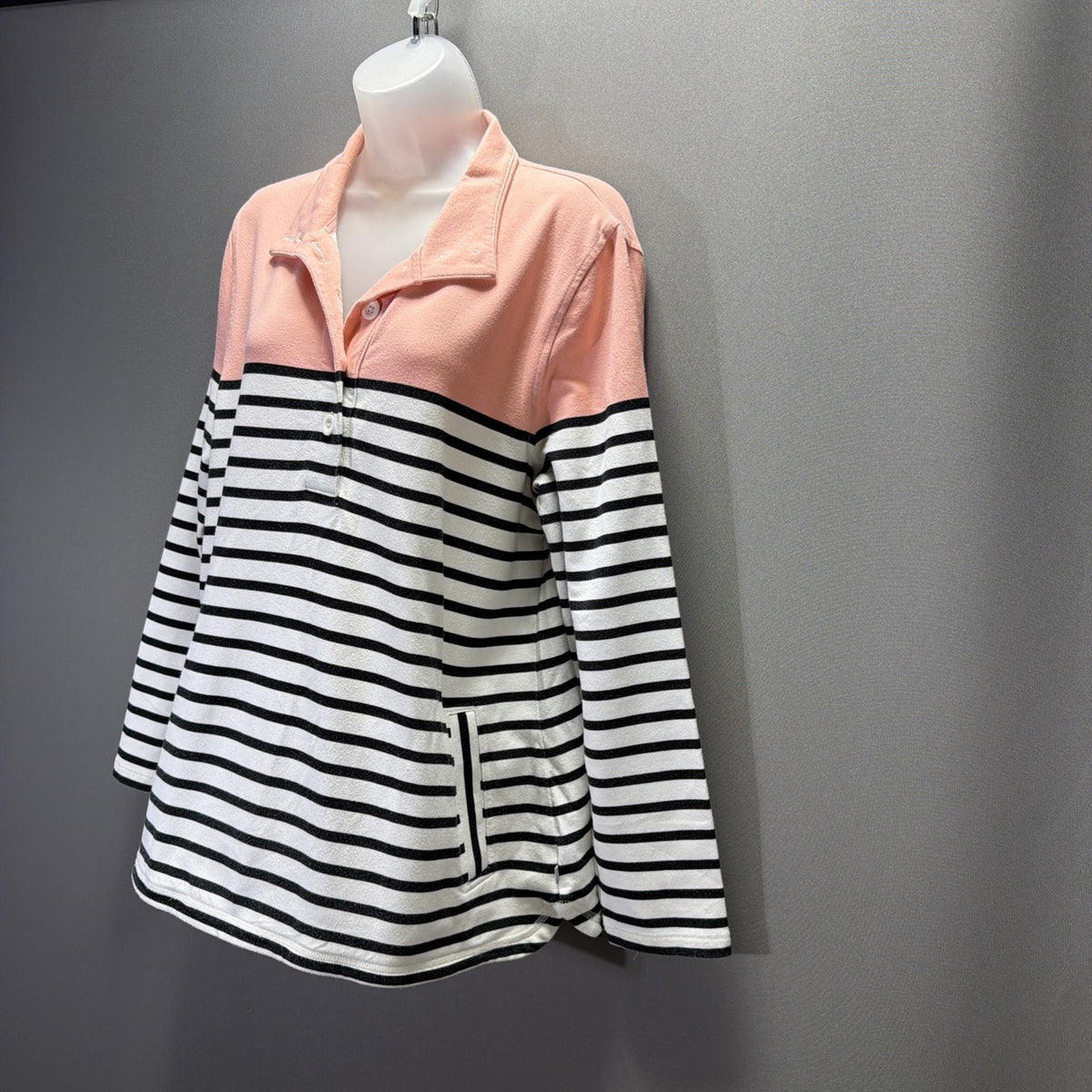 TALBOTS Colorblock Half Button Pullover Sweatshirt Top Pockets Size L Stretch